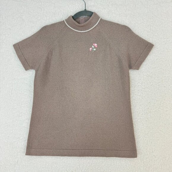 Talbott Travler Brown Mock Neck Shirt‎ Womens Short Sleeve Back Zip Up  Size M - Picture 1 of 10